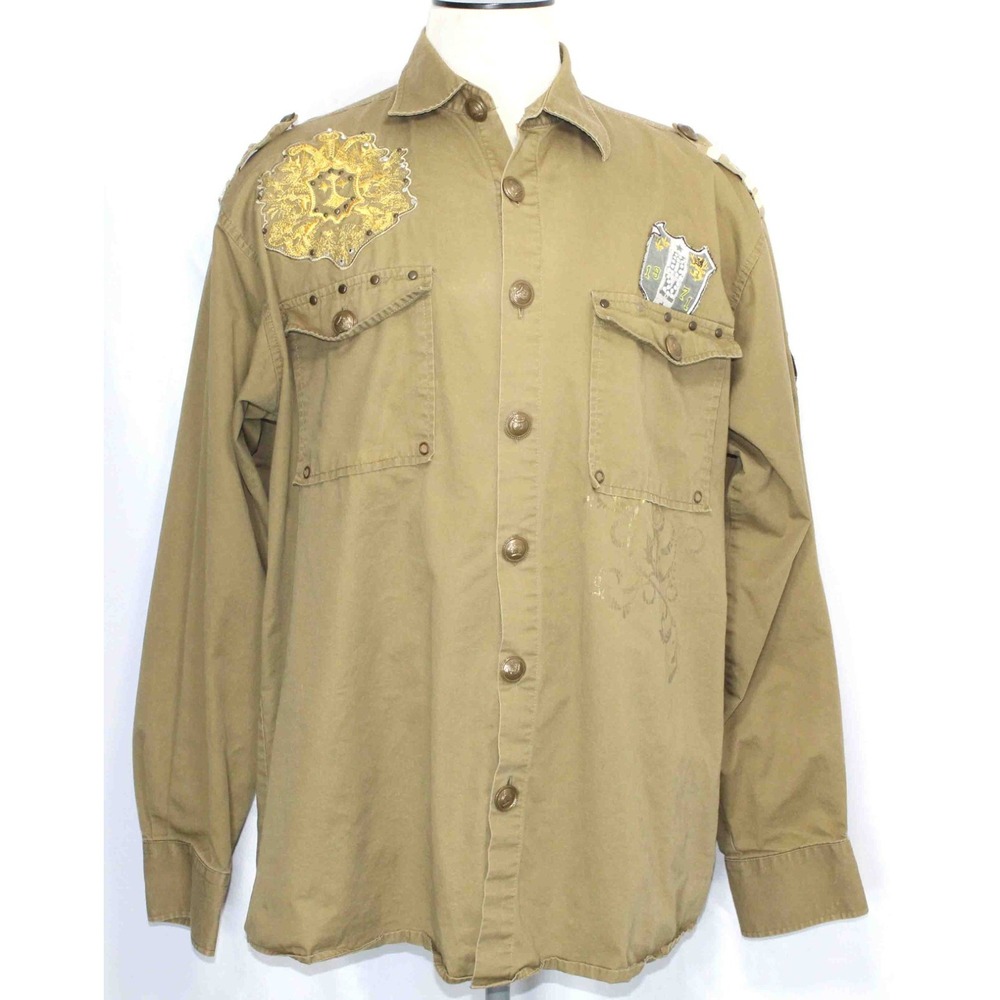 Hama Denim Y2K Military Embellished Button Up Long Sleeve Shirt Mens Size XL